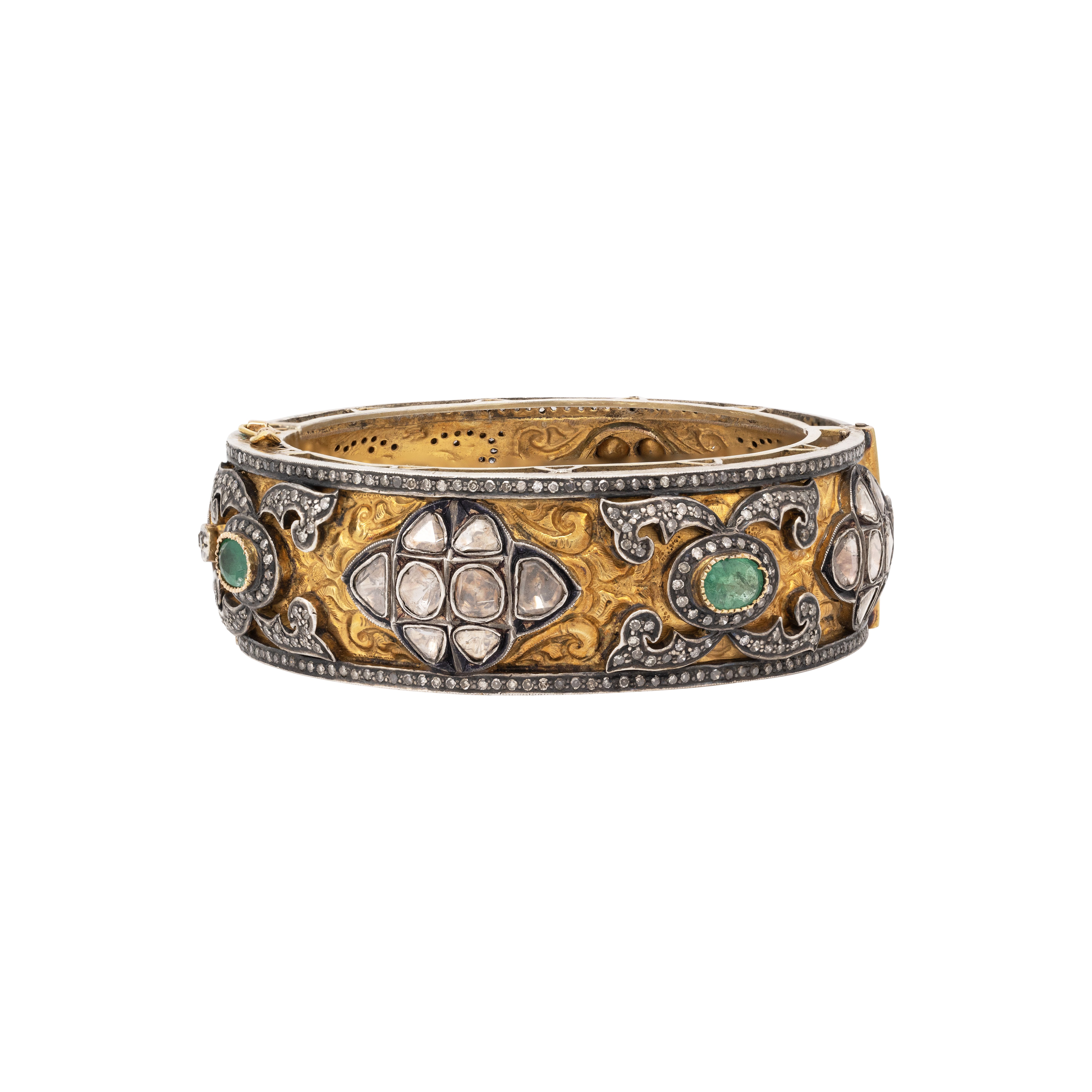 Antique Gold Engraved Bangle with Emeralds and Polkis